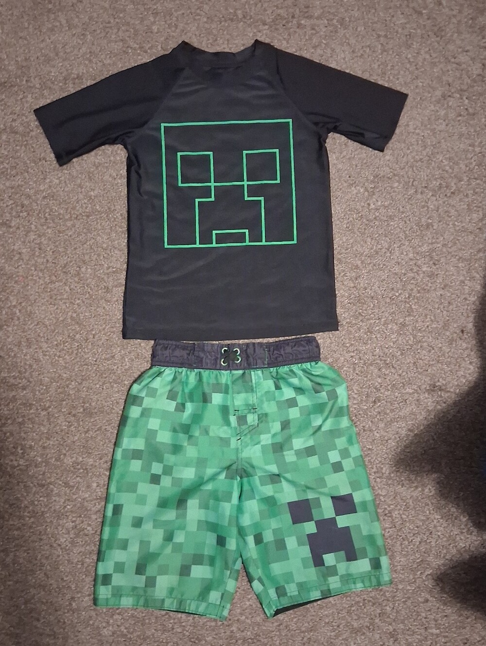 Boys  Mine Craft Creeper Graphic Black & Green Swim Set